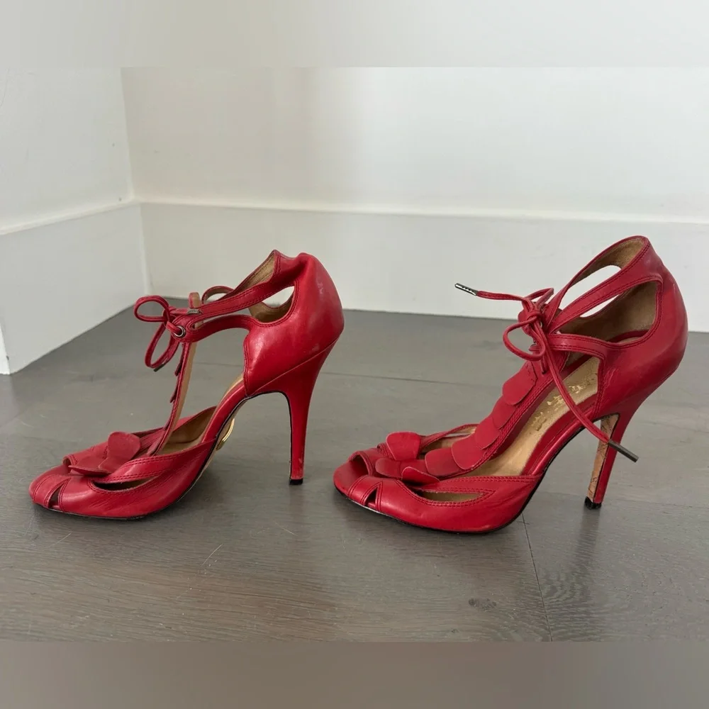 LAMB Leather Red Flower Heels - Picture 2 of 5
